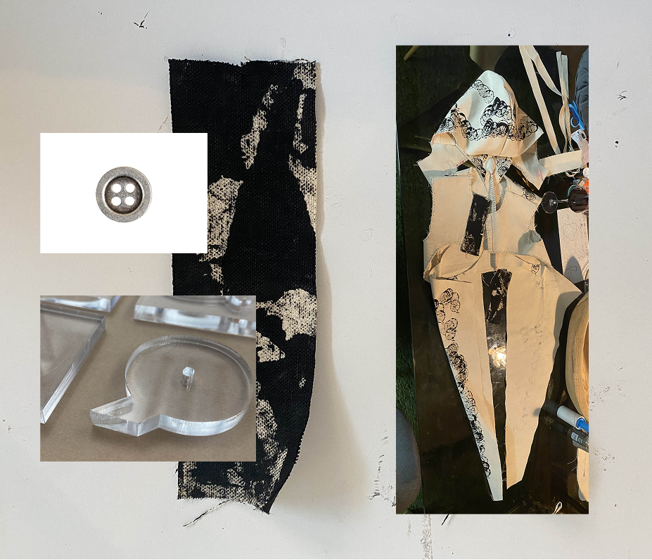 Process composite: button, stamp, fabric, vest pattern