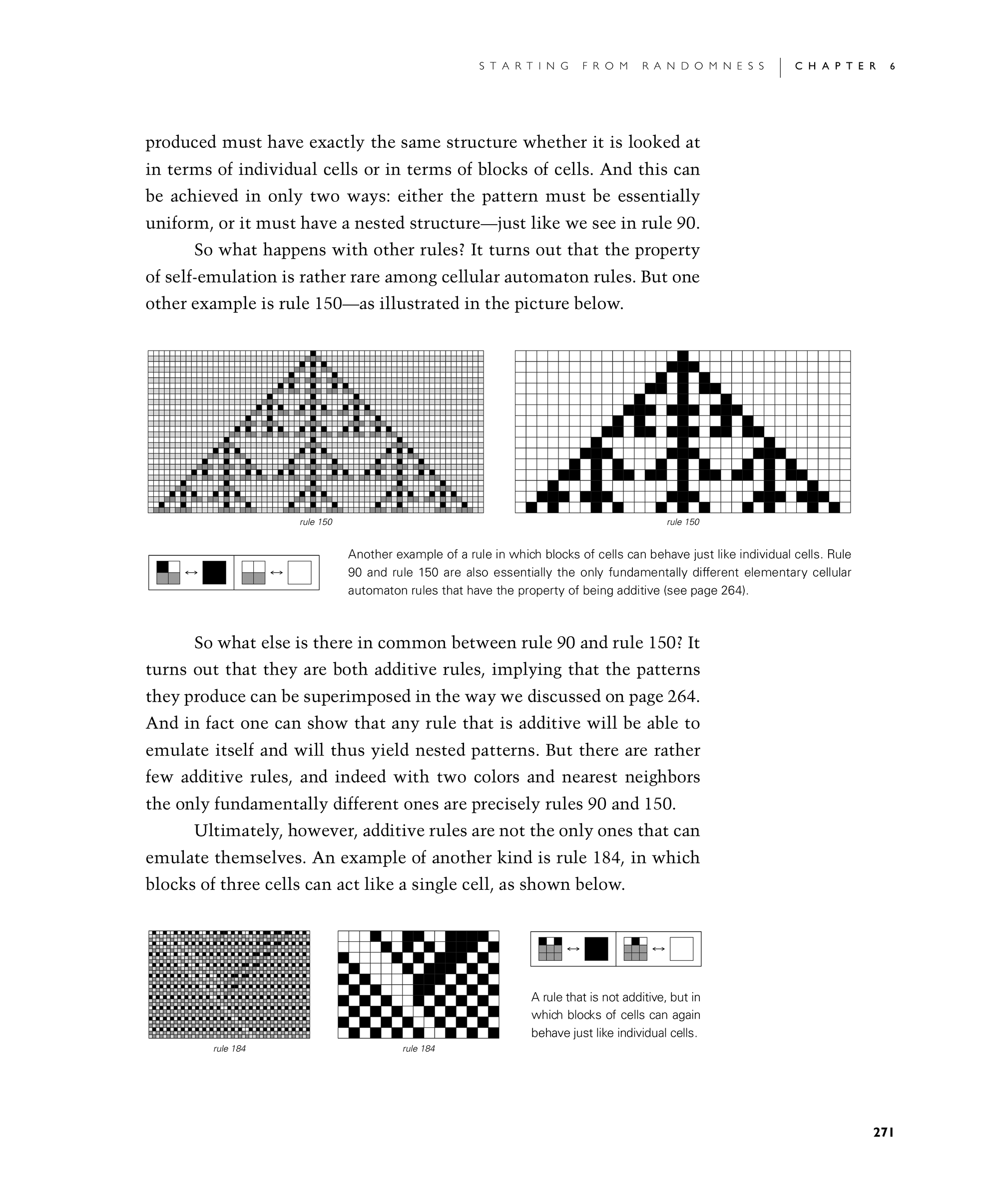 Page 271 of A New Kind of Science showing Rule 90 and Rule 150 patterns